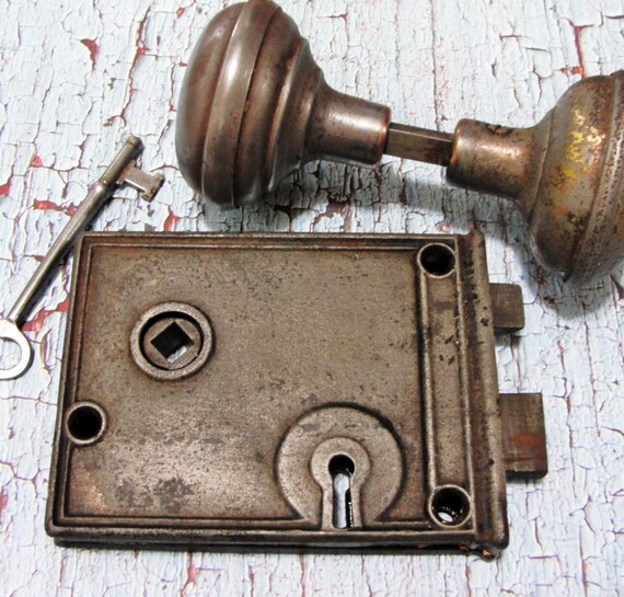 Antique MORTISE Lock w/ Skeleton KEY & Door Knobs by pearlbodine