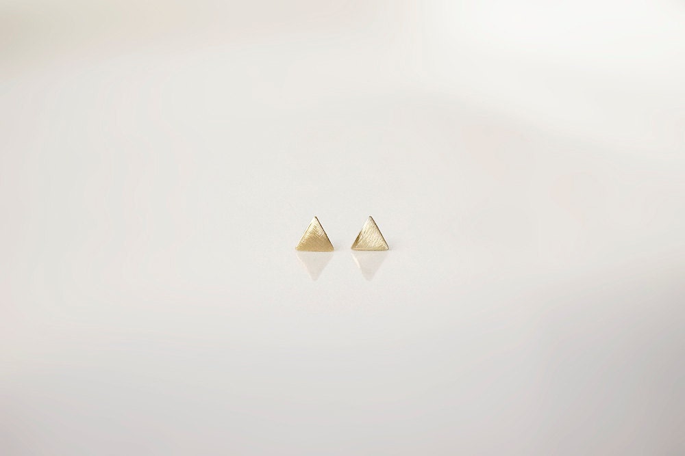 Brushed Gold Triangle Studs - minimal, sterling silver ear posts and raw brass earrings - MadeByMaru