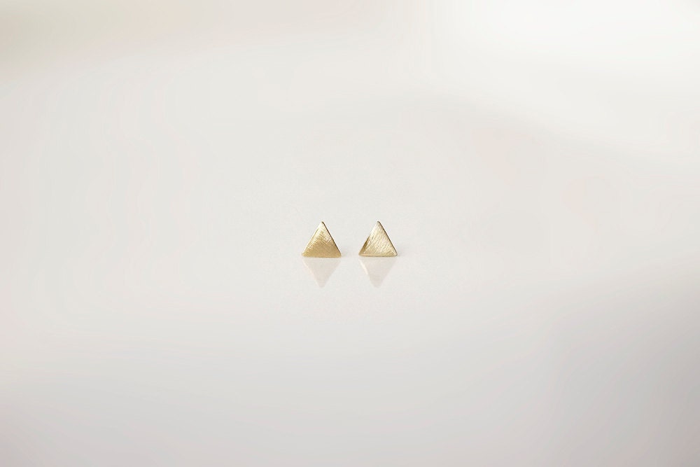 Brushed Gold Triangle Studs - minimal, sterling silver ear posts and raw brass earrings