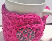 Crochet Coffee Cozy Bright Pink Leopard Print Button Cup Cozy, Ready to Ship