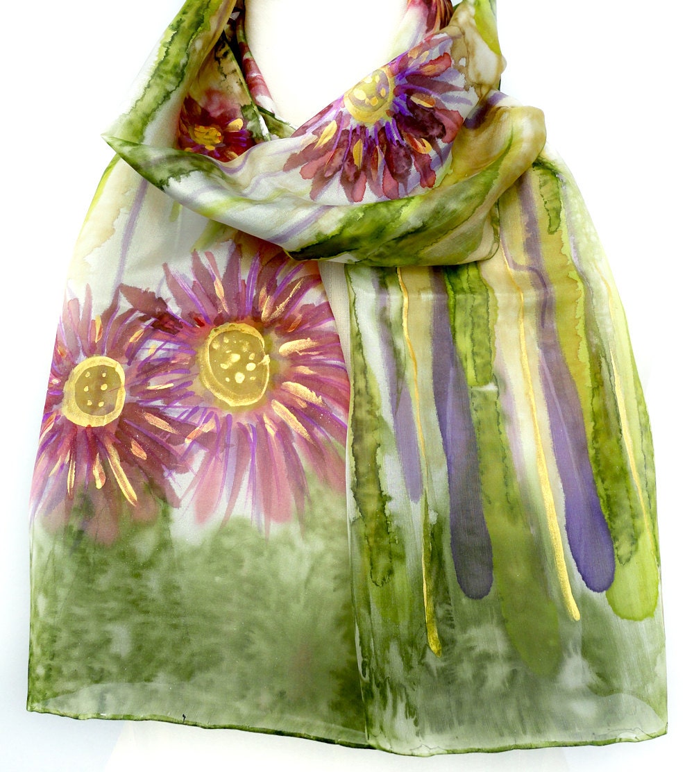 Burgundy Scarf. Hand Painted Long Silk Scarf. Green, Purple, Wine Red Silk Scarf. Gold Floral Fashion. 10x60 in. (25x150 cm). Ready to Ship.