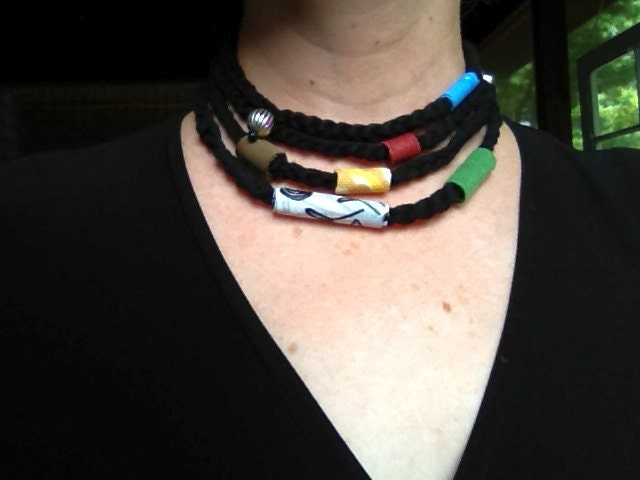 Black Fiber Necklace with Multicolor Fiber Beads, Silver Bead Cinch