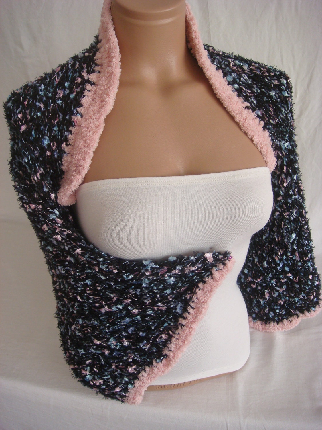 DISCOUNTED - Hand knitted crocheted (Black, Blue, Pink) long sleeve bolero shrug by Arzu's Style