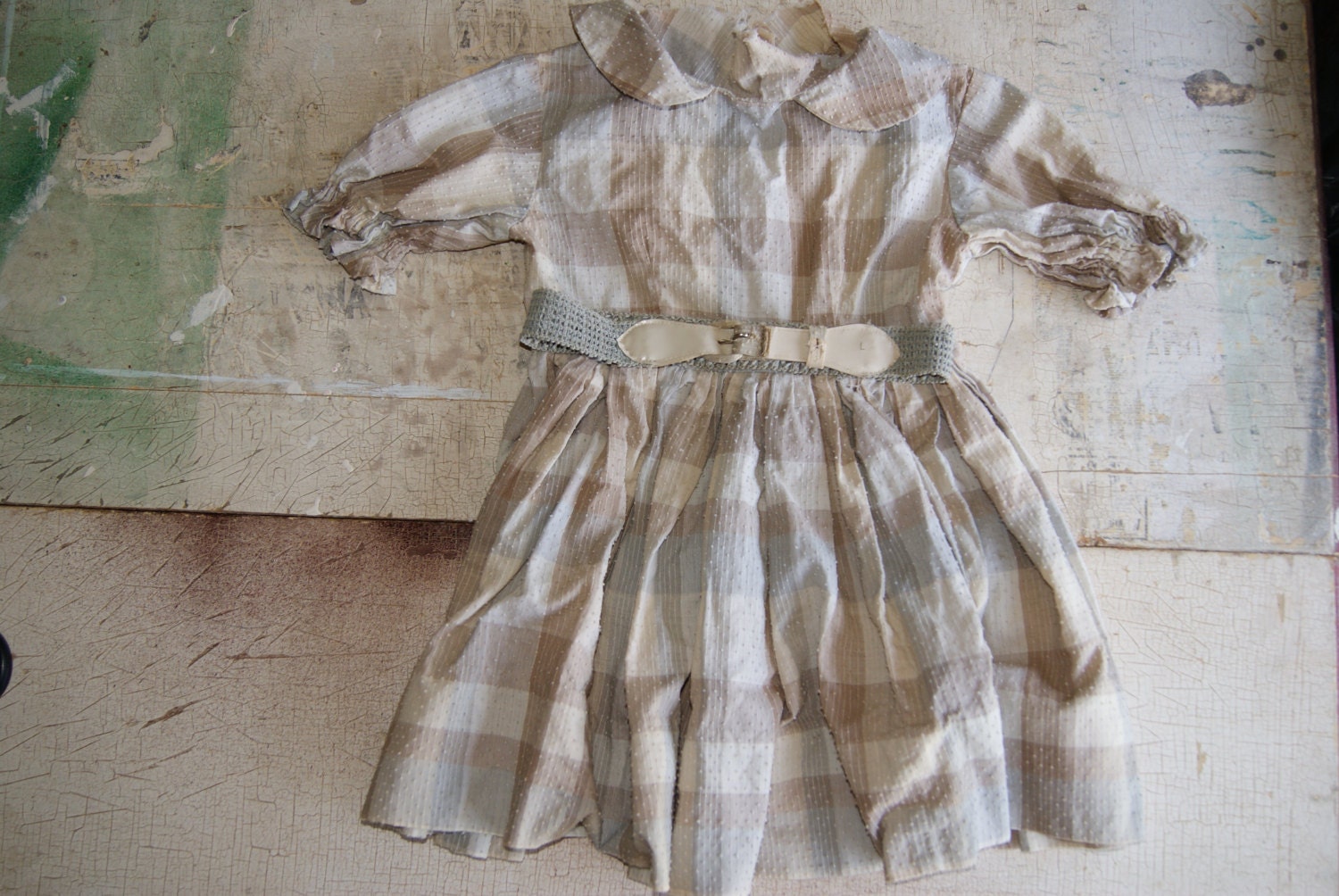 Vintage Handmade Childs Or Doll Dress With Belt Dotted Swiss 1950s