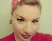 Rockabilly pinup 1950s style headscarf, cute hearts pattern on red background