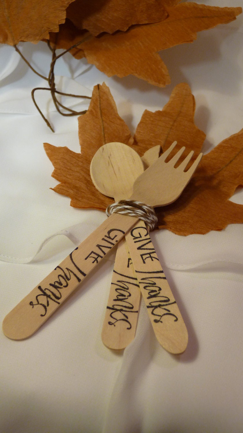 THANKSGIVING -4 cutlery SETS PapER LeaVeS - TwiNe and Hand Stamped Wood Spoons- Forks and KniVes Dinner is SeRvED , Reunion , Family Il_570xn
