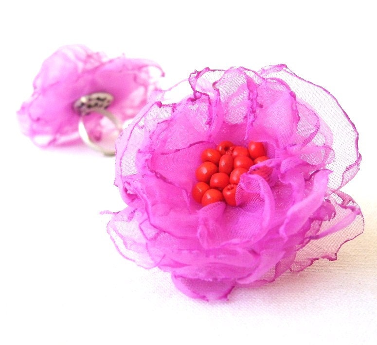 Cocktail Ring -  Fuchsia and Red Flower Adjustable Ring - FairytaleFlower