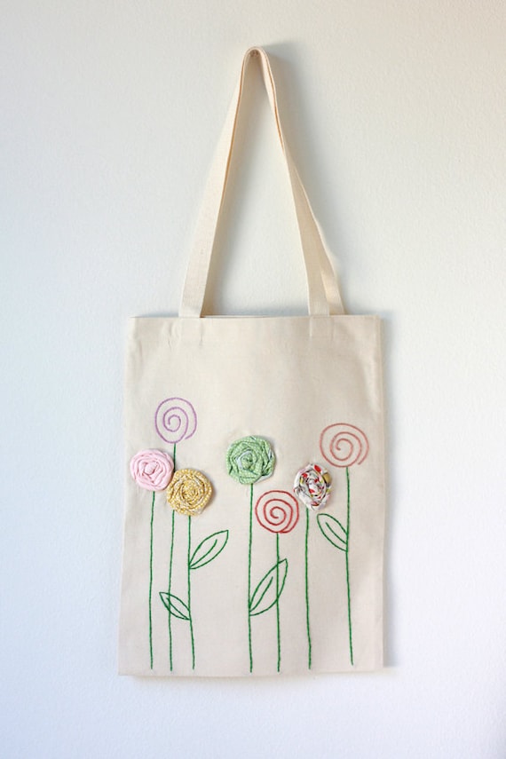 Embroidered Cotton Canvas Tote Bag with Fabric by TwoElephantsShop