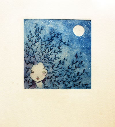 tree  blue woman illustration, etching print colored with watercolor
