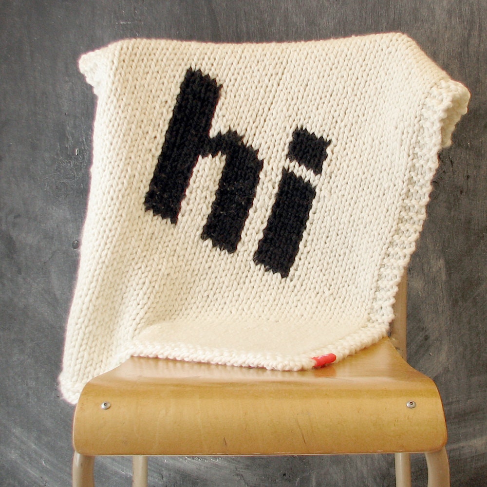 Knitted Helvetica "Hi" Baby Blanket for Bassinet, Stroller, Car Seat, or lap