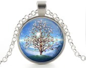 Tree Pendant - Tree Jewelry - Tree Necklace - Silver Tree of Life Rainbow Art - Blue Sky Pink Flowers - Gift Bag Included