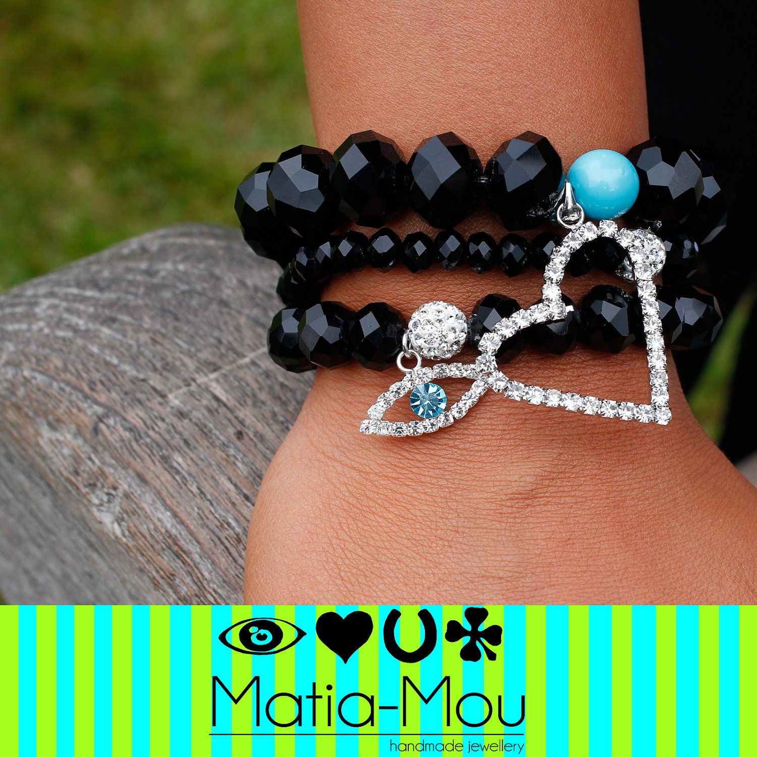 Oversized Diamante Sideways Heart Charm ,Turquoise Shell Pearl & Black Crystal Rondelle Stretch Beaded Bracelet