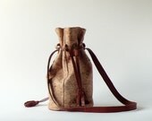 soft leather suede drawstring bucket bag in beige & brown / simple leather purse in quail egg pattern / pouch with tassel / shoulder handbag - Aplauz