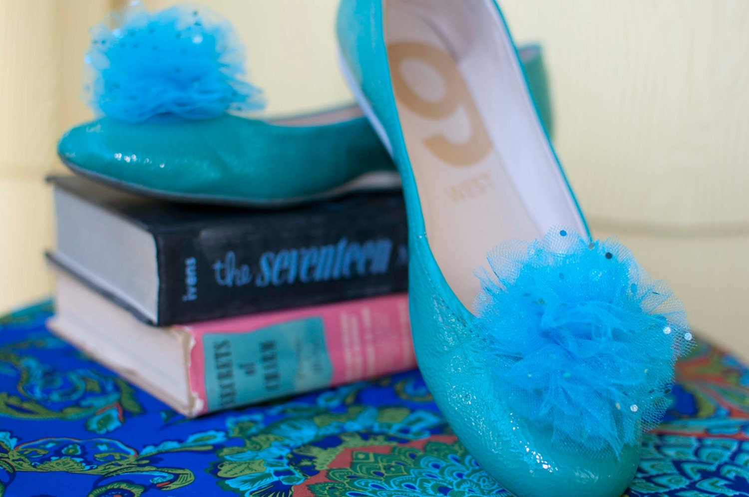 Handmade Turquoise Sparkly Tulle Pom Pom Shoe Clips