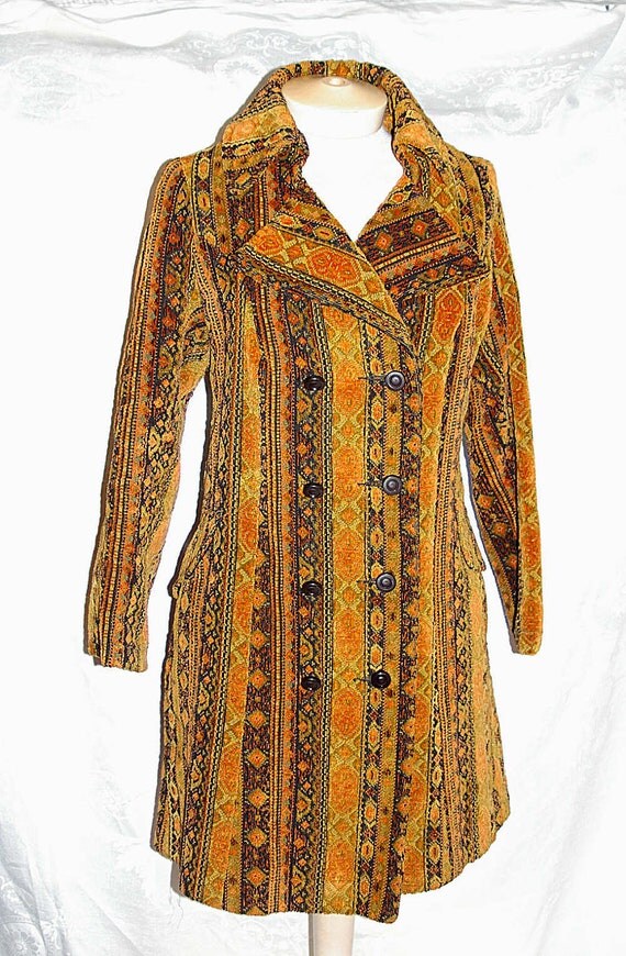 70s Velvet Tapestry Coat Womens Gold Rust Black by KickassStyle