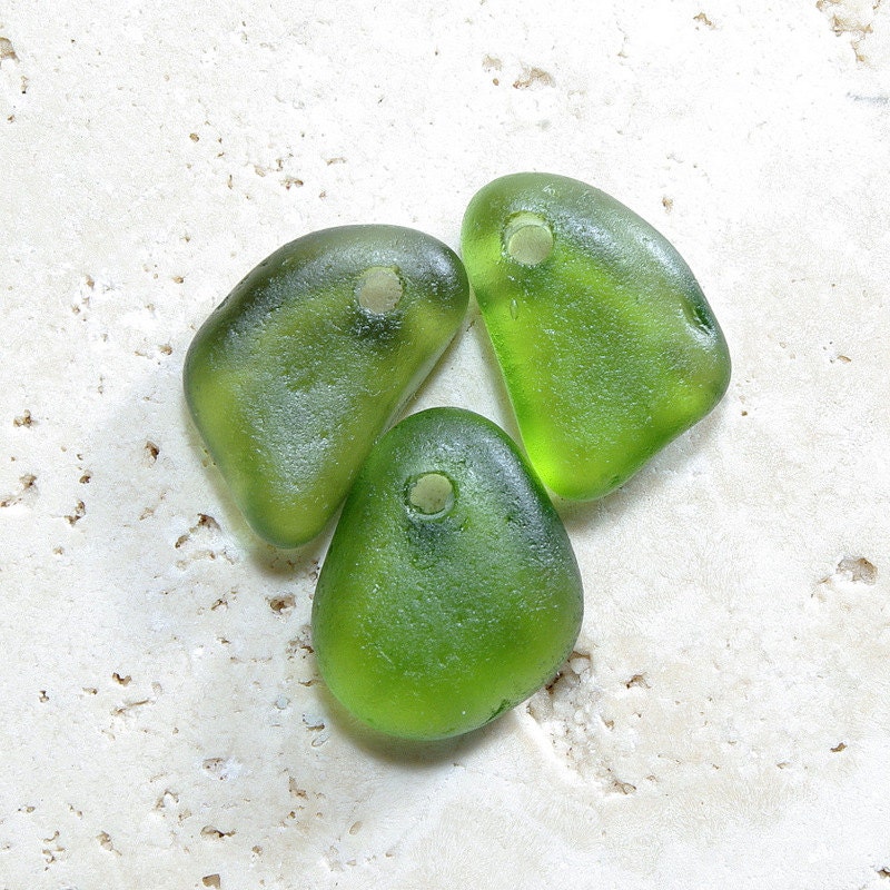 Genuine Sea Glass Pendants - Olive Green - 3 Top-Drilled