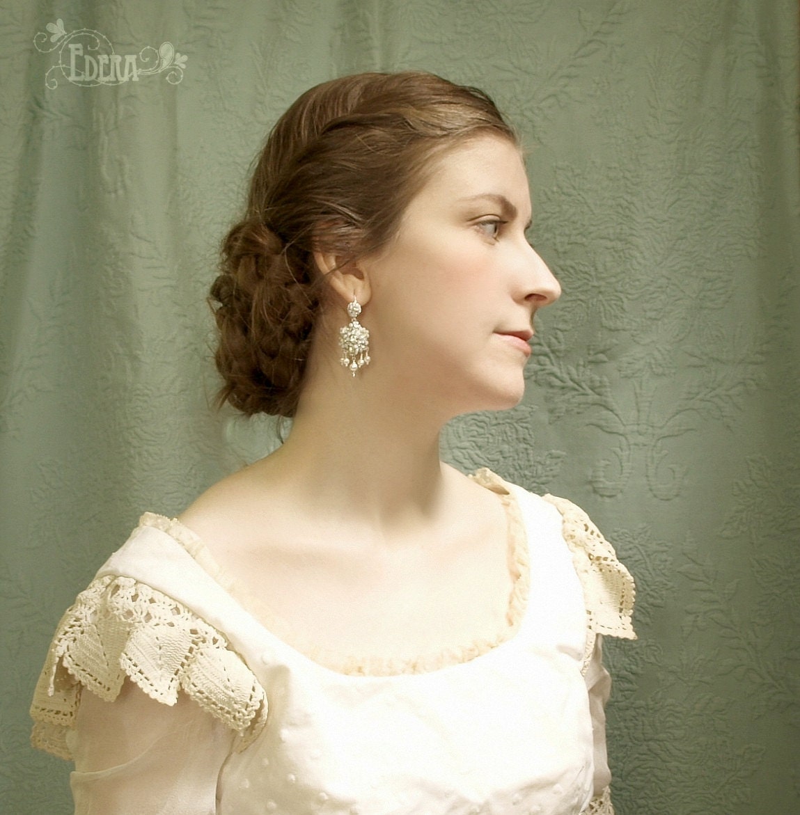 Wedding Chandelier Earrings / Ivory Pearl Bridal Jewelry/ Silver Handmade Lace / "Marguerite"