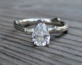 Pear White Sapphire Twig Ring in White or Yellow Gold