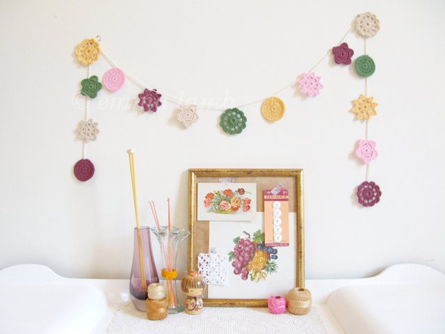 LAST ONE - Lillian crochet flower garland, granny chic decor in autumn colours - damson, pink, yellow & green - Ready to ship, by Emma Lamb