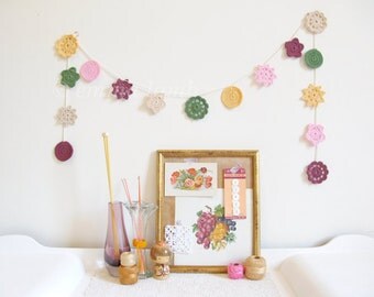LAST ONE - Lillian crochet flower garland, granny chic decor in autumn colours - damson, pink, yellow & green - Ready to ship, by Emma Lamb