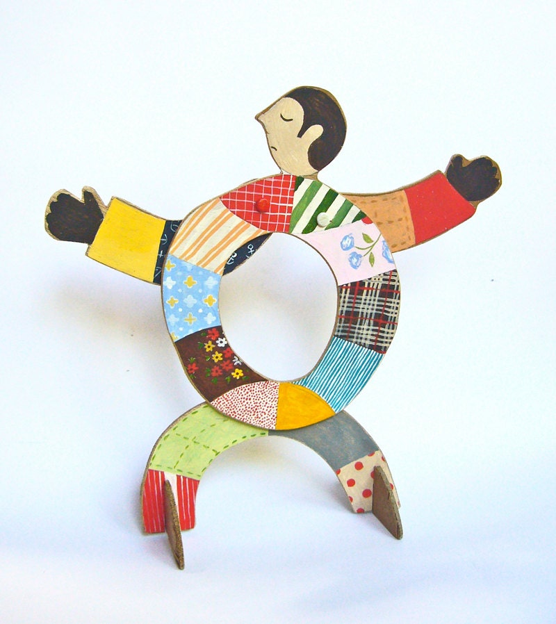 OOAK Hand painted wooden sculpture - Patchwork Man I