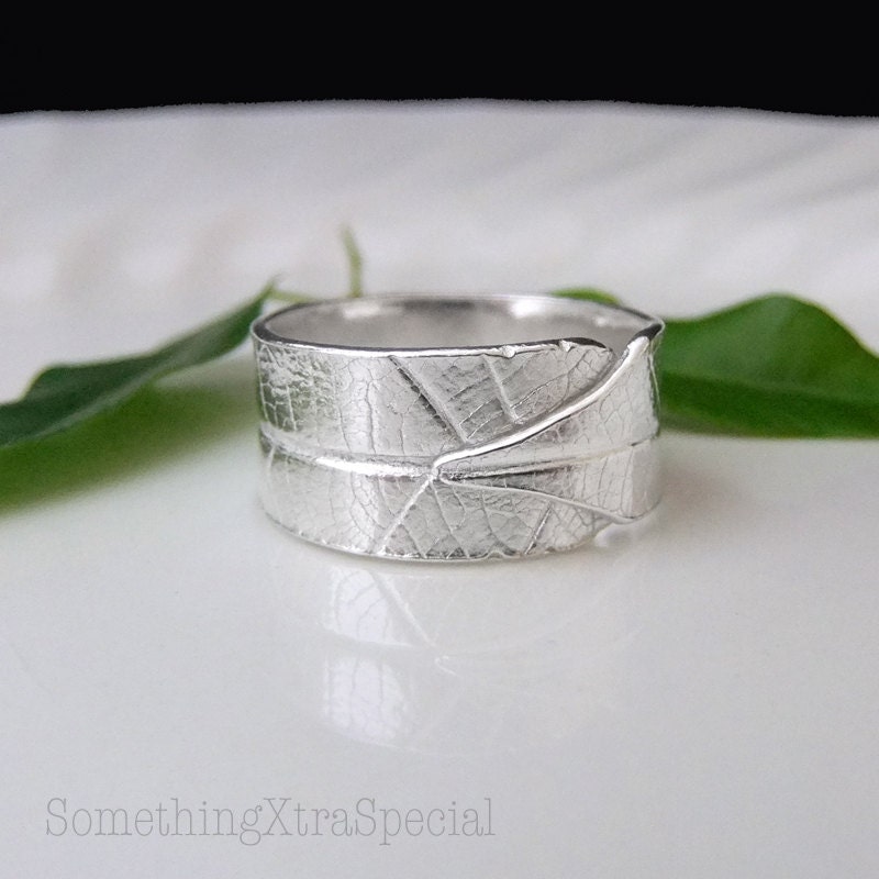 Silver Leaf Ring, Silver Wide Band Ring, Leaf Wrap Over Solid Silver Band Ring