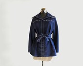 vintage jacket - 70s belted coat - navy blue - medium