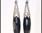 Faceted Black Drop Earrings Made with Kambaba Jasper and Ornate Sterling Silver Wire Wrap
