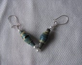 Upcycled paper bead earrings, blue and white