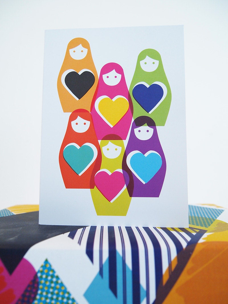 Card Rainbow Russian Dolls Illustration Blank Valentines Wedding Card Notelet