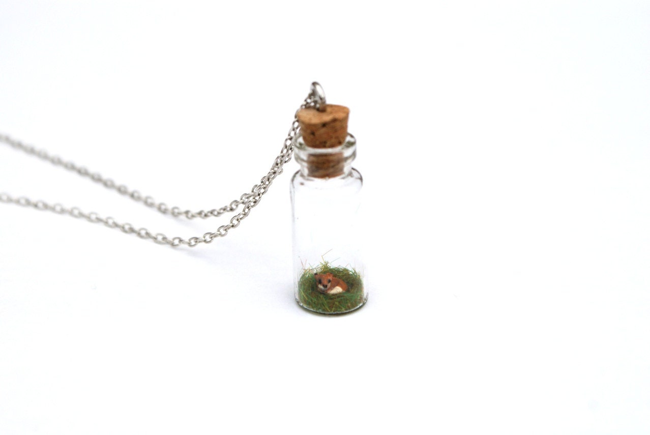 Miniature Fox in Jar Spring Necklace Woodland - a miniature clay fox sat in a tiny glass vial