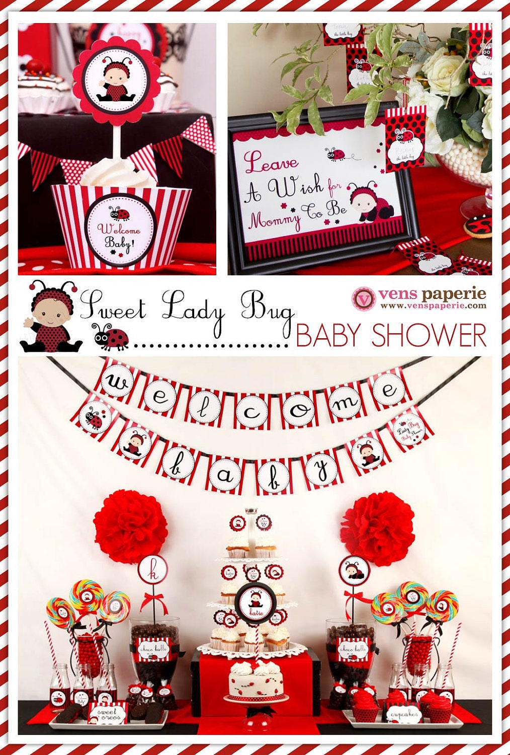 Red Sweet Lady Bug Baby Shower Package Personalized FULL Collection Set - PRINTABLE DIY - BS815CB1x