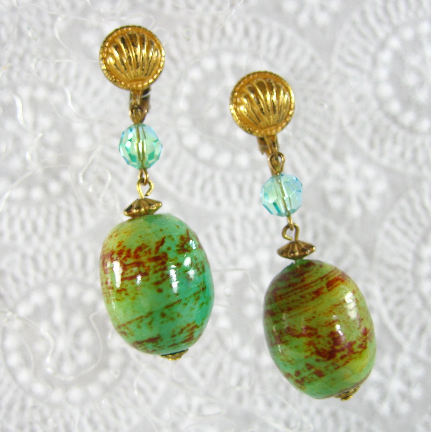 Vintage Beaded Earrings, Ocean Green Baroque Beads, Blue Crystals, Gold Tone Seashells, Clip-on Dangles, 1960s Mad Men Beach Jewelry