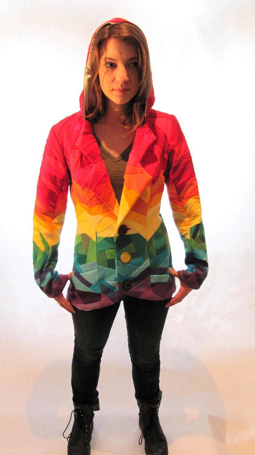 Up Cycled Rainbow Crazy Quilted Hooded Jacket Made From Recycled T-Shirts With Hand Embroidered Patch