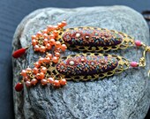 Stunning Purple  with shades of gold and rust clay florals,vintage filigree, freshwater pearls and Coral  gold earrings - Autumn Sunset