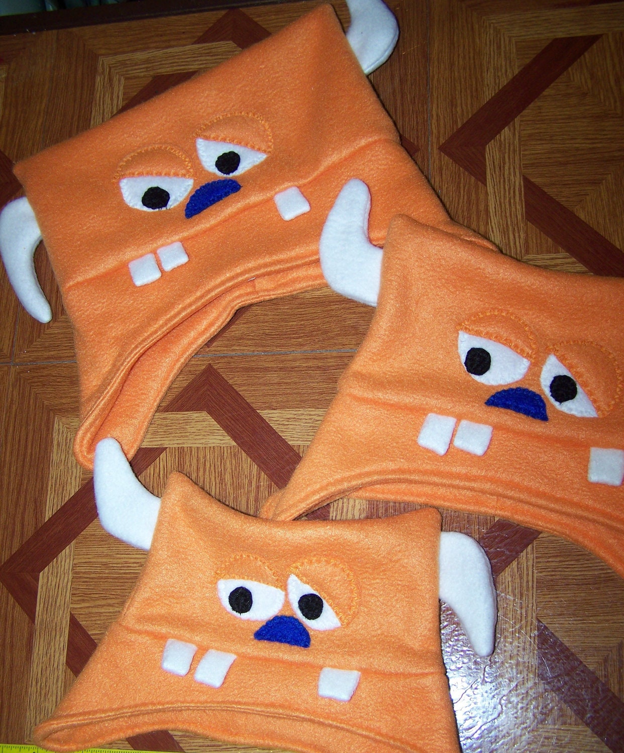Monster Hat Orange Monster Fleece Hat with Two Horns and Two Eyes Toddler Kids Child Teen Adult with Matching Mittens - TheSewingFool