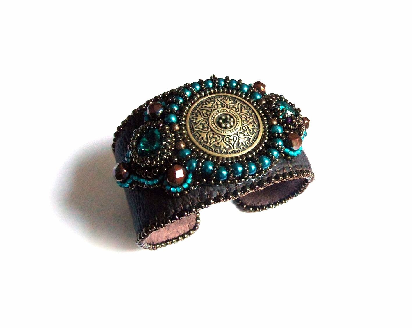 Teal leather cuff bracelet, vintage brass, Swarovski crystal, bead embroidered