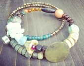 bohemian linen collage bangle pair vintage buttons and beads No.2
