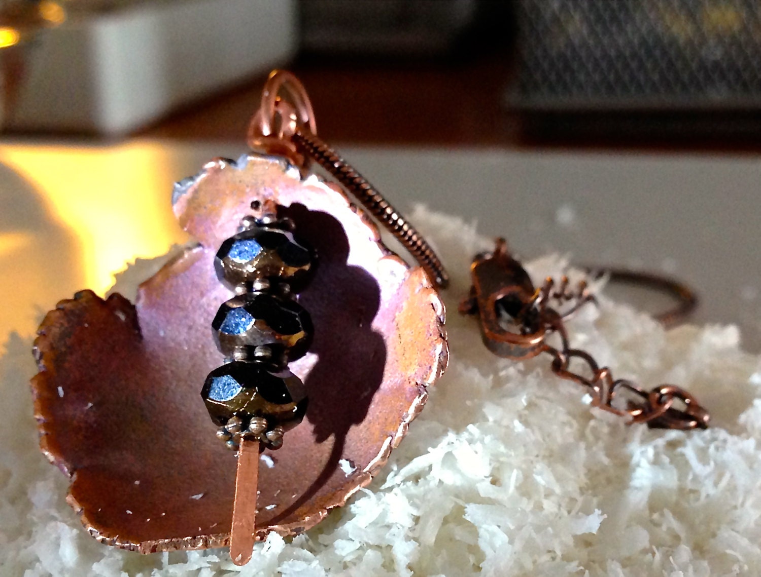 Copper Domed Pendant Czech Beads Natural Irregular Edges Art Piece Metal Pod