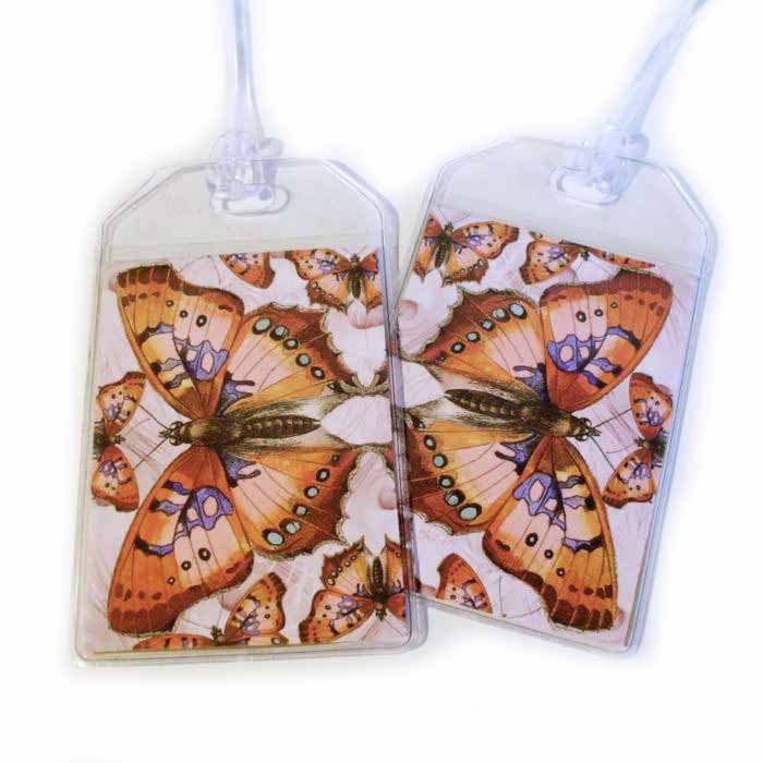 Luggage Tags -  Set of Two - Vivid Butterfly - orange pink and lavender baggage tags