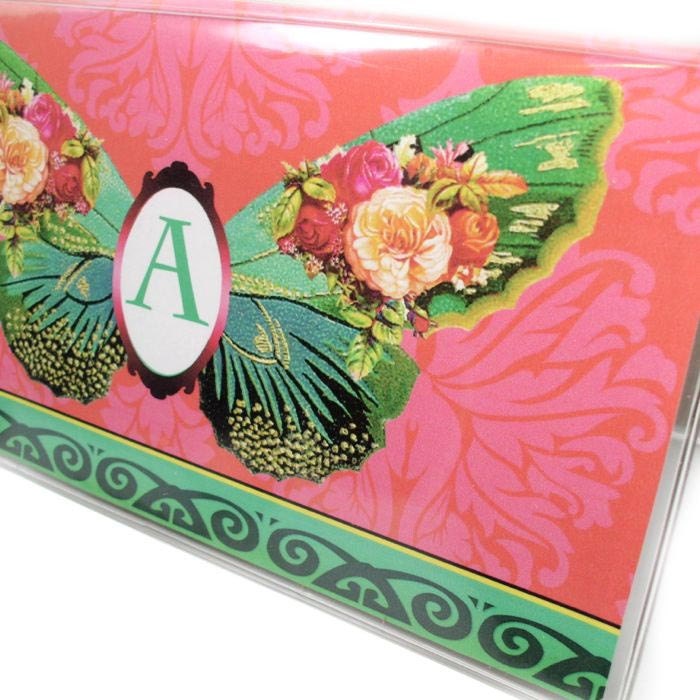 Personalized Butterfly Checkbook cover - Victorian Butterflies - pink and green, choose your initial to customize your check book holder