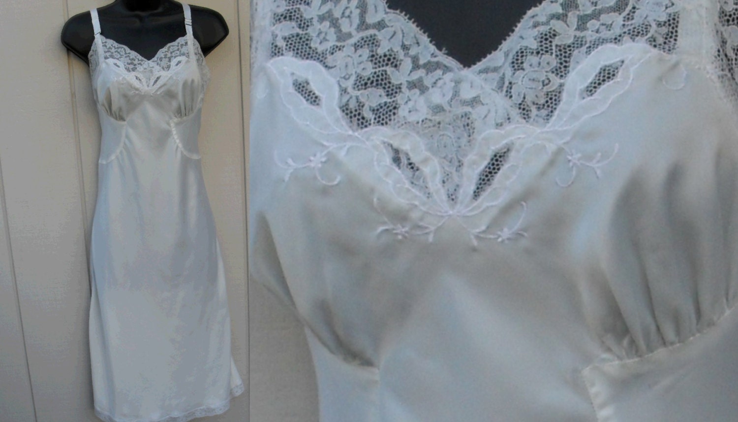 Vtge 1940's 50's GLAM White Satin Dress Slip wide Lace trim // sz Med