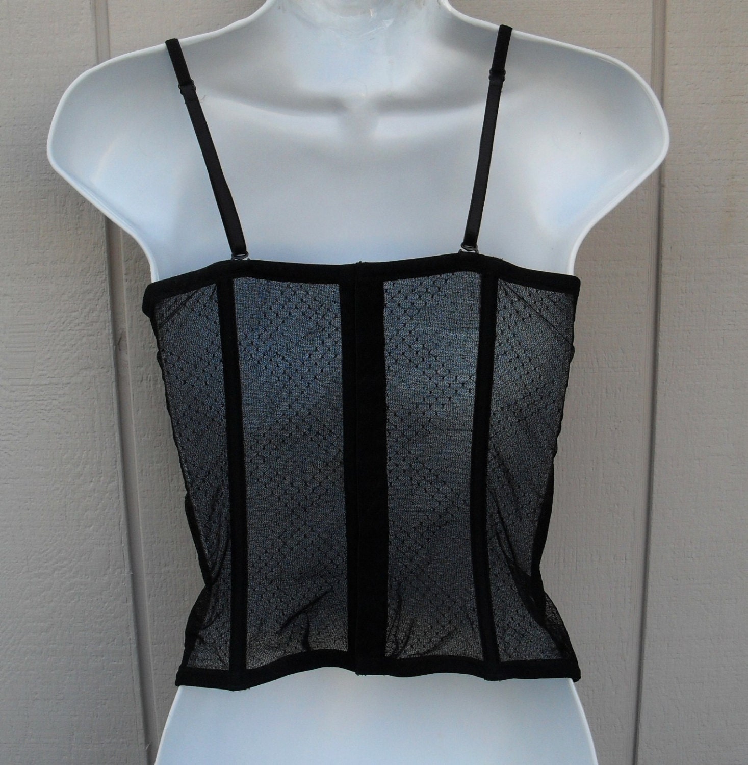 Vtge Black Embroidered Stretch mesh Lace Bustier Corset in size Med 38B