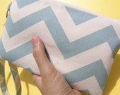 GIFT POUCH, 2 pockets, bridesmaids, flower girls, handmade, iphone  - BIG Chevron village blue/natural