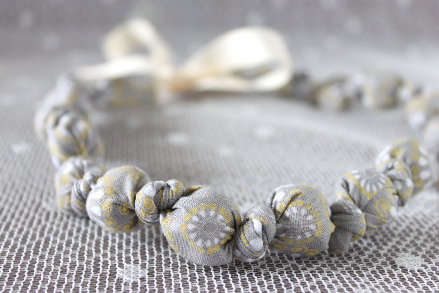 Modern Knotted Fabric Necklace - Gray/Yellow/White Printed Fabric- Cream Grosgrain Ribbon