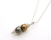 Peapod necklace. Two peas in a pod, metallic forest green pearl pendant on sterling silver chain.
