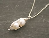Peapod necklace. Two snow peas in a pod, white pearl pendant on sterling silver chain.