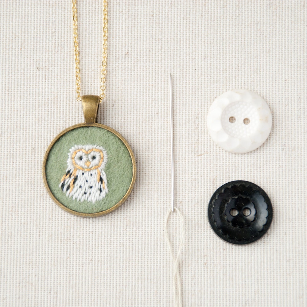 Embroidered Necklace - Barn Owl - Totem Animal Pendant - Stitched Felt - Gold Plate Circle