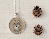 Embroidered Necklace - Grey Dire Wolf - Totem Animal Pendant - Stitched Felt - Silver Plate Circle - Game of Thrones