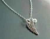 Tiniest Wing and Crystal Charm Necklace Bird Angel Wings Sparrow Flight Jewelry Sterling Silver
